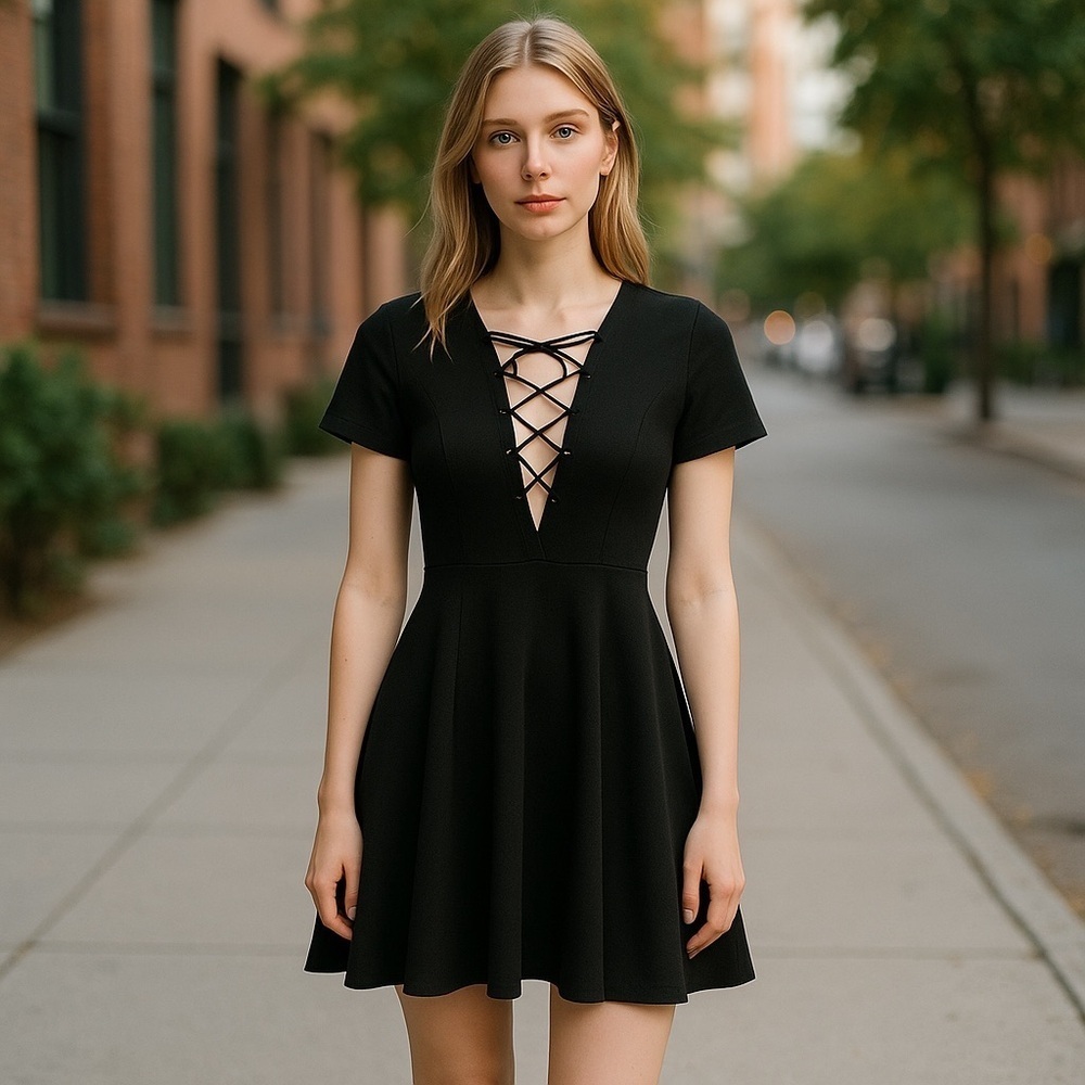 LUCCA Women’s Size S Black Short Sleeves Lace Up Front Shift Dress